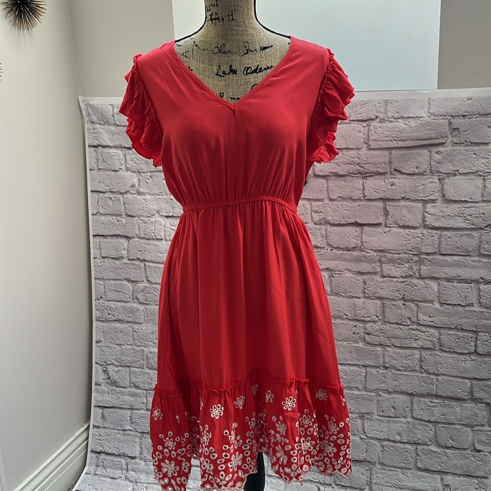 Anthropologie Solitaire Coral orange Eyelet floral design dress